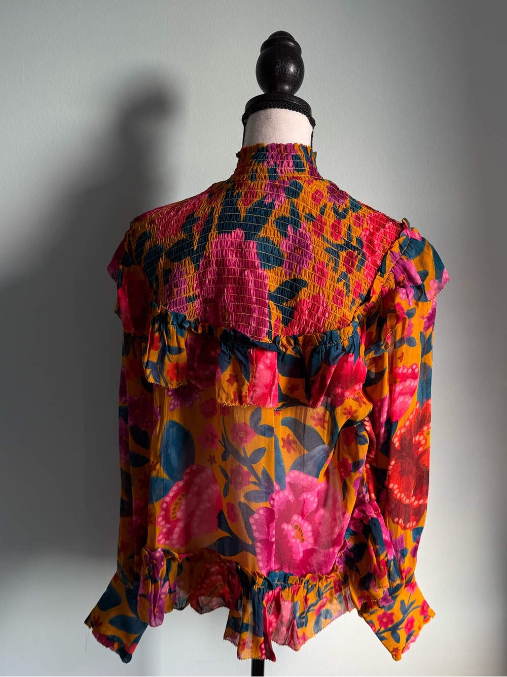 FARM Rio Floral Ruffle Blouse Long Sleeve Mock Neck Size XS - Picture 3 of 12
